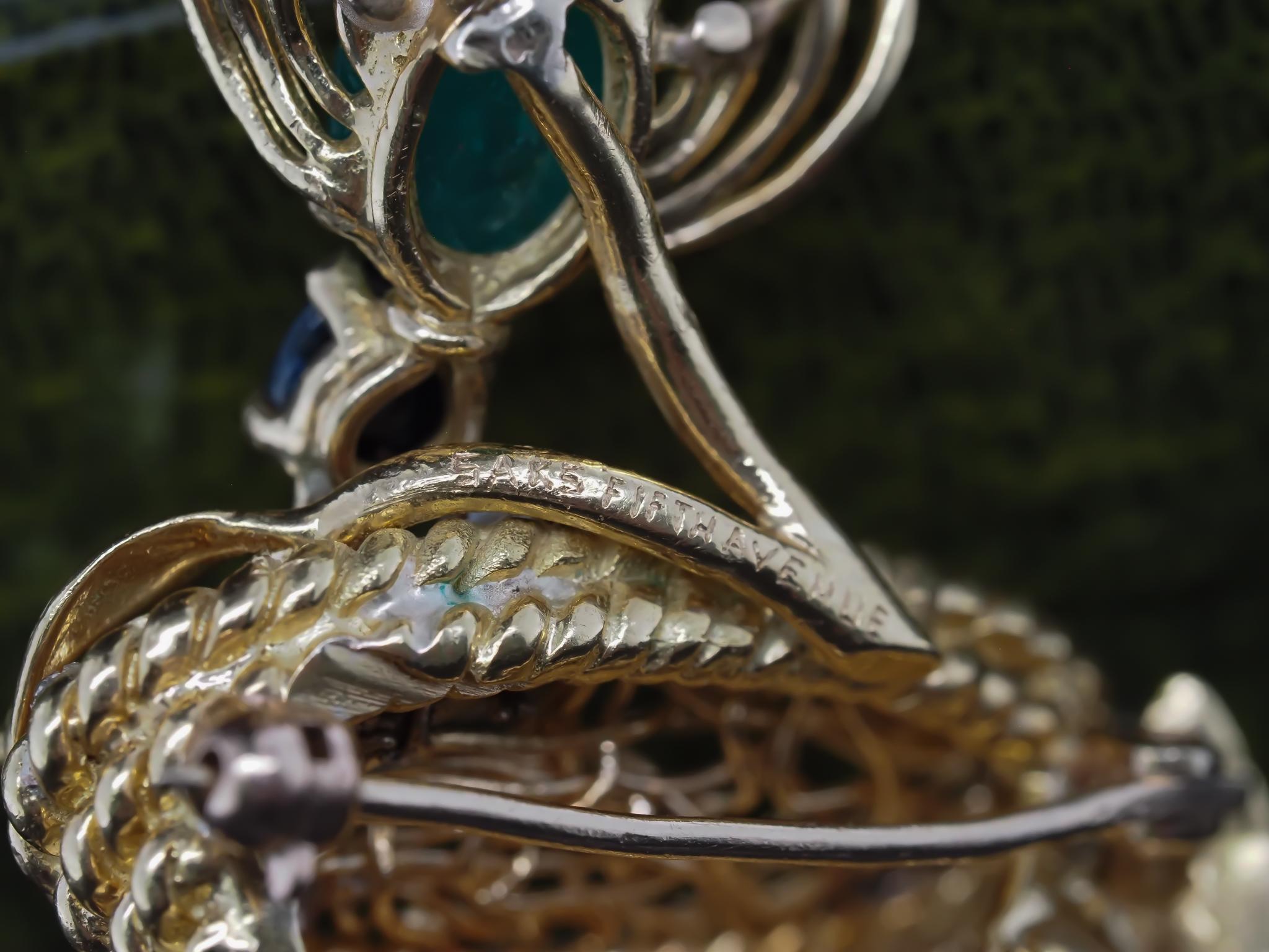 Vintage SAKS Fifth Avenue Emerald Ruby and Sapphire Bird in Nest Brooch For Sale 4