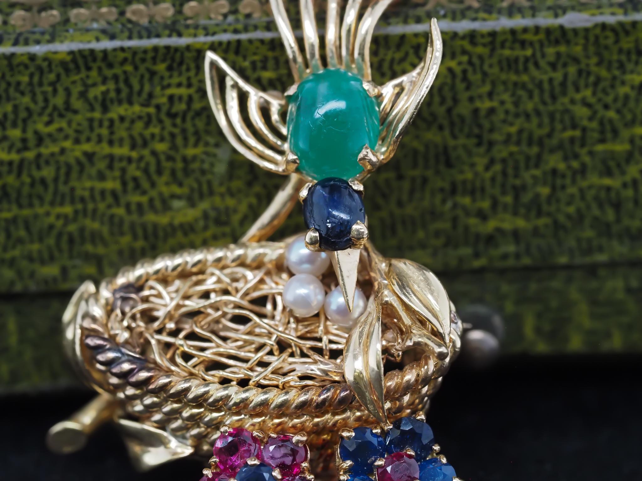 Vintage SAKS Fifth Avenue Emerald Ruby and Sapphire Bird in Nest Brooch For Sale 5
