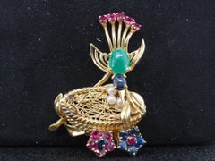 Vintage SAKS Fifth Avenue Emerald Ruby and Sapphire Bird in Nest Brooch