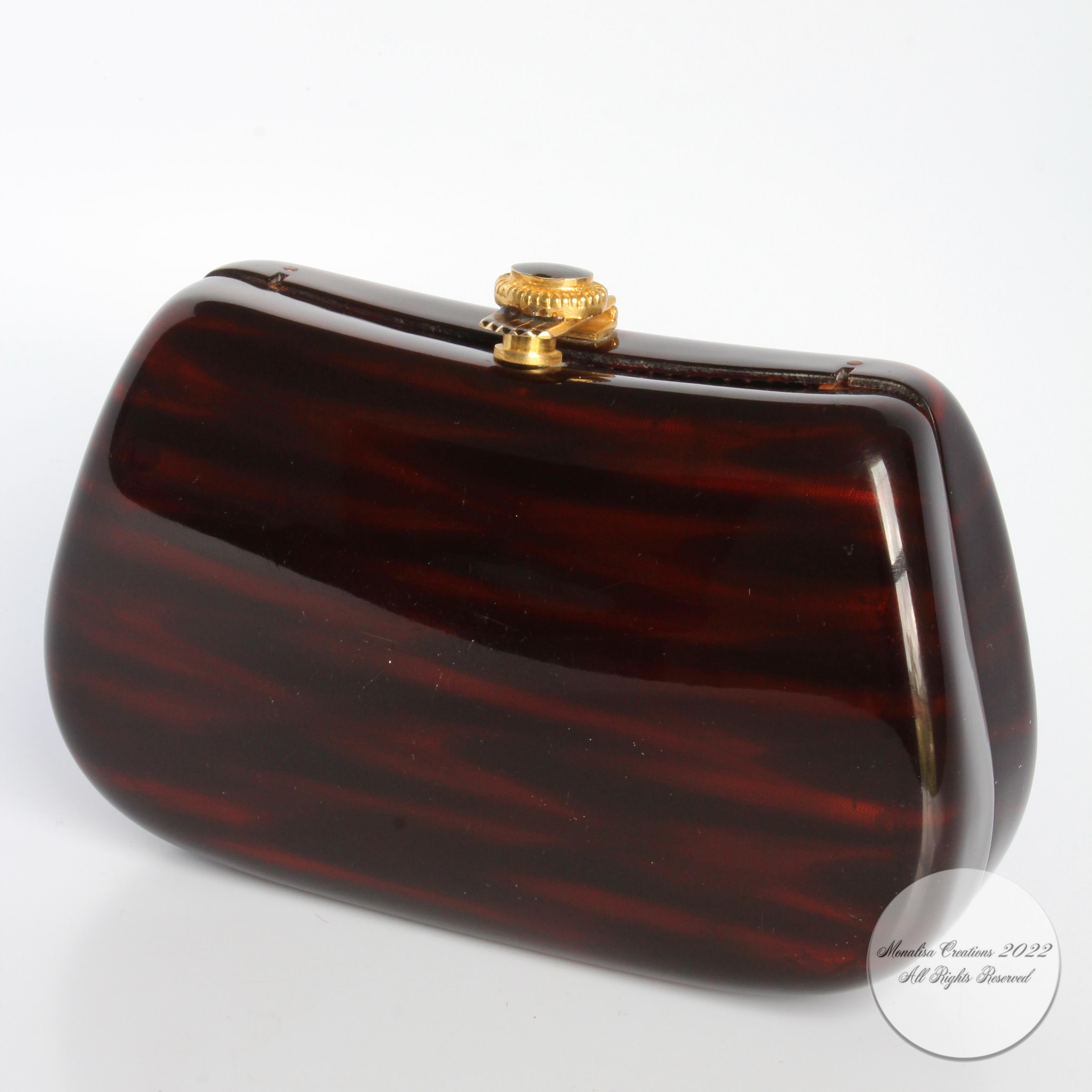 Vintage Saks Fifth Avenue Evening Bag Minaudière Polished Wood Resin Italy Rare In Good Condition In Port Saint Lucie, FL