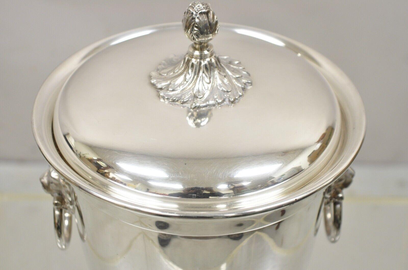 20th Century Vintage Saks Fifth Avenue Silver Plated Regency Lion Head Lidded Ice Bucket For Sale
