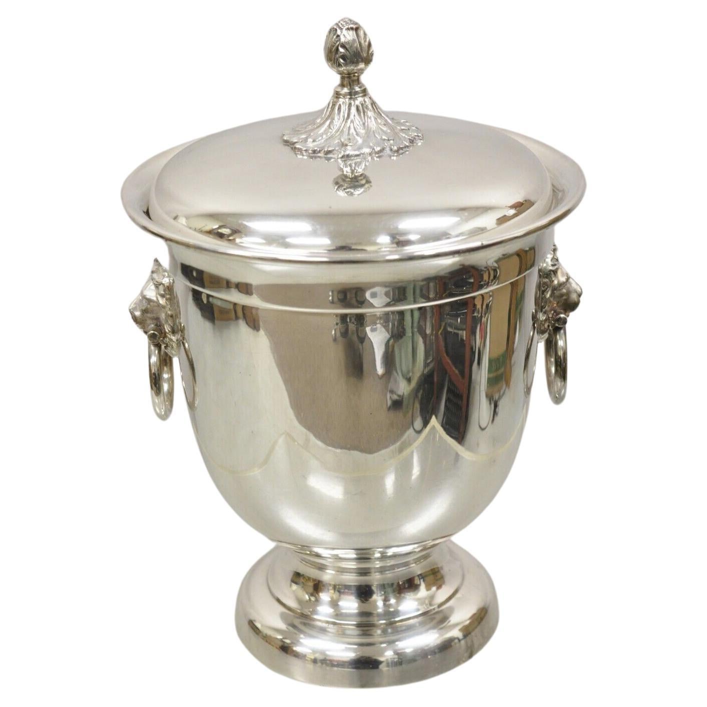 Vintage Saks Fifth Avenue Silver Plated Regency Lion Head Lidded Ice Bucket For Sale