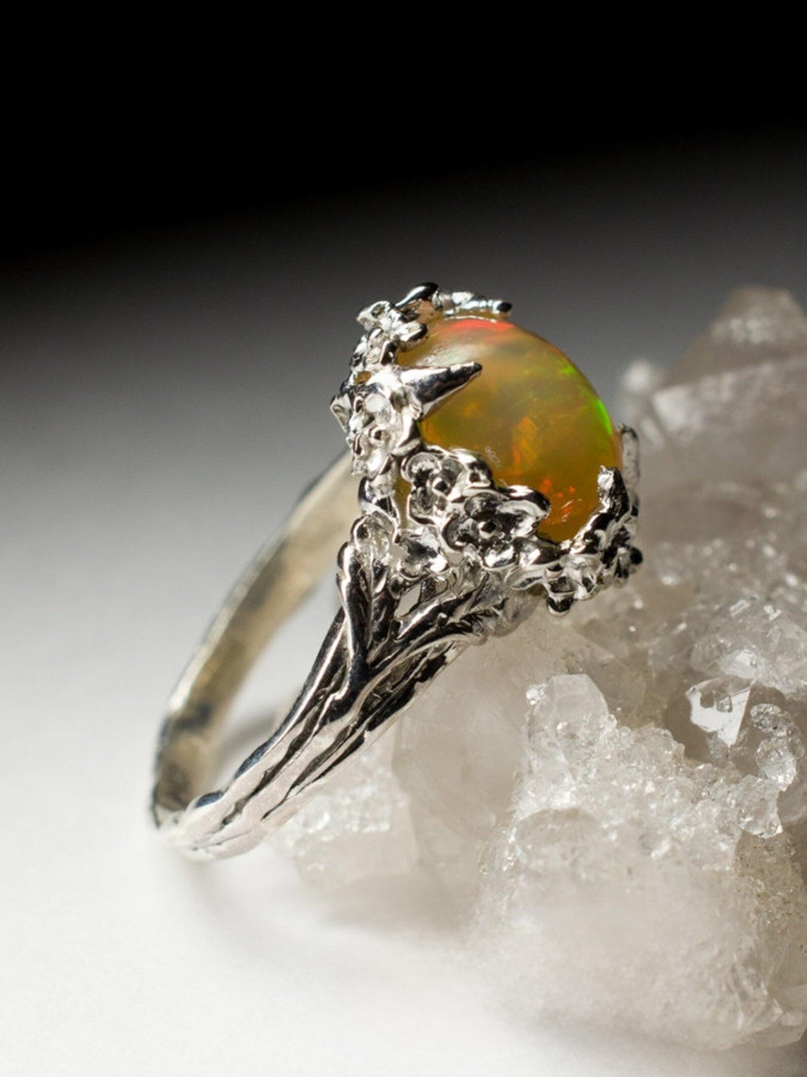 Vintage Sakura Opal Silver Ring Natural Yellow Rainbow Inspired Gemstone  For Sale 4
