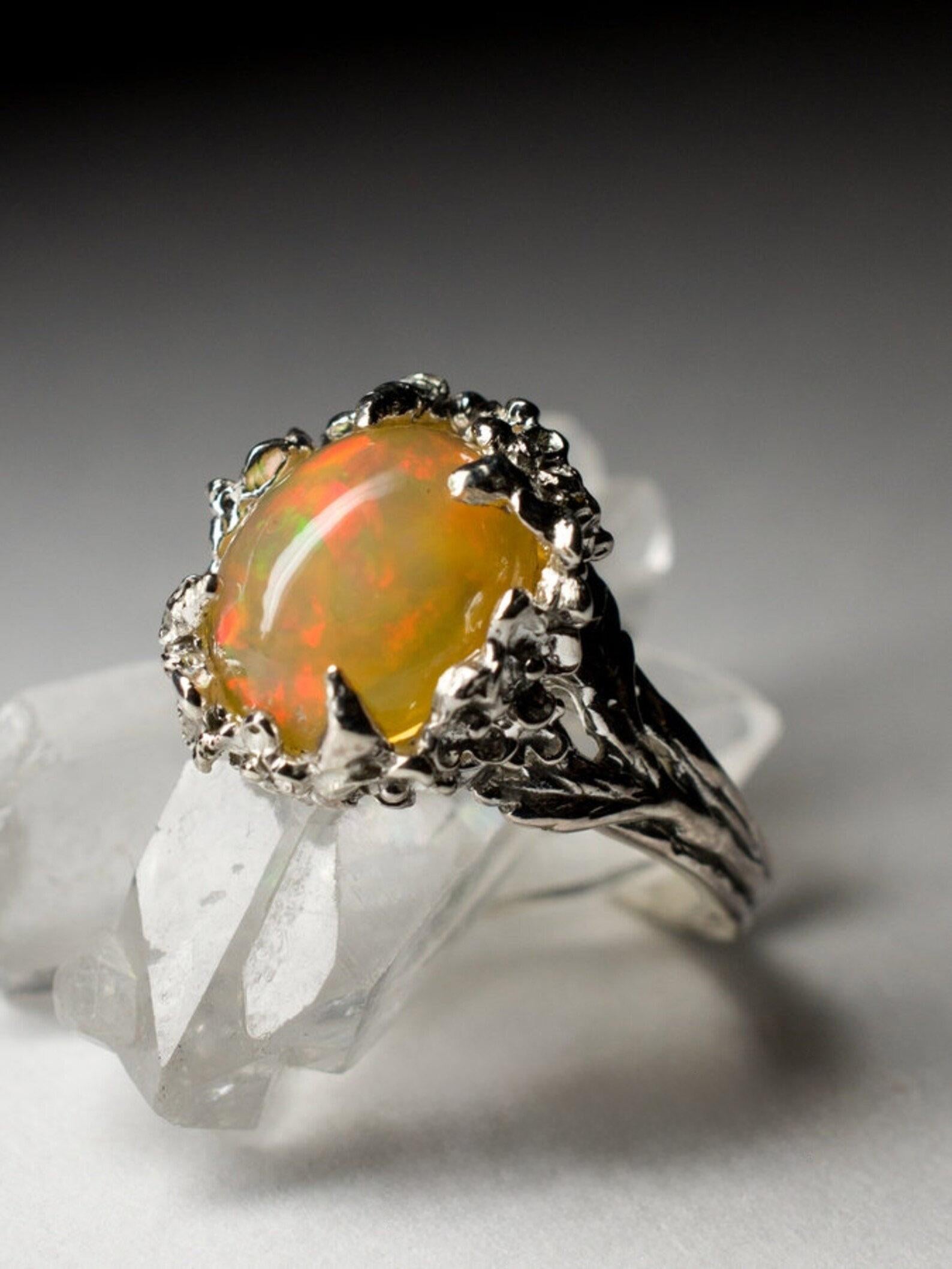 Artisan Vintage Sakura Opal Silver Ring Natural Yellow Rainbow Inspired Gemstone  For Sale