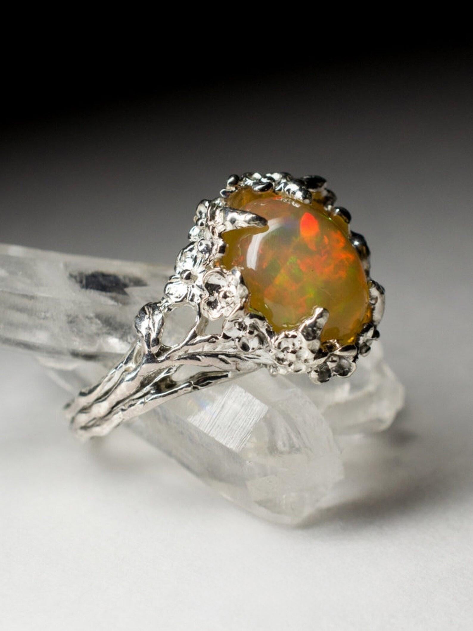 Cabochon Vintage Sakura Opal Silver Ring Natural Yellow Rainbow Inspired Gemstone  For Sale