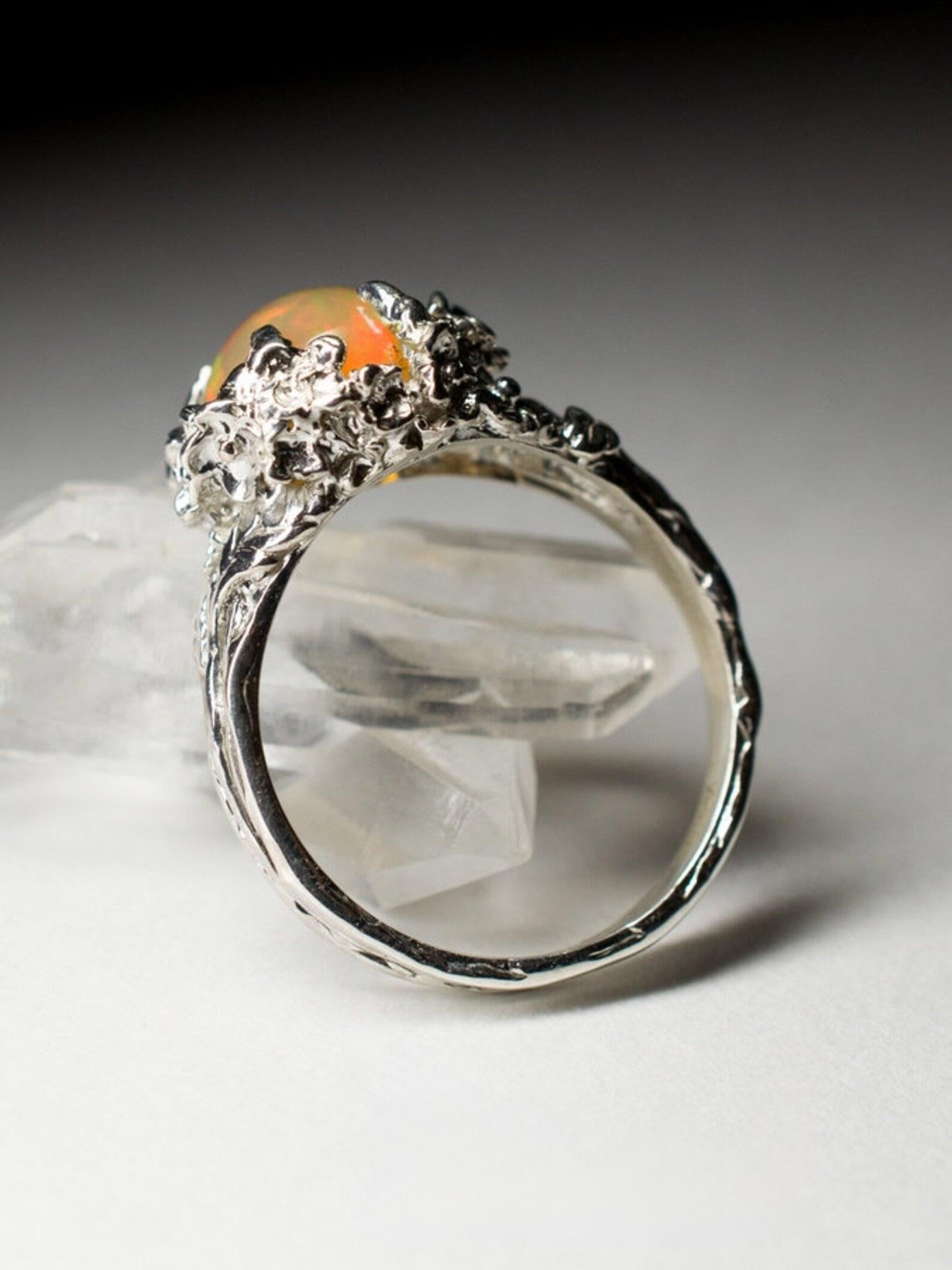 Vintage Sakura Opal Silver Ring Natural Yellow Rainbow Inspired Gemstone  For Sale 2