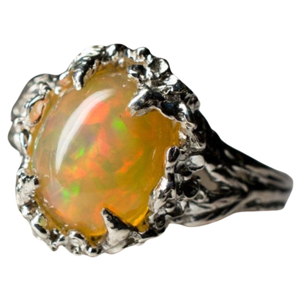 Vintage Sakura Opal Silver Ring Natural Yellow Rainbow Inspired Gemstone  For Sale