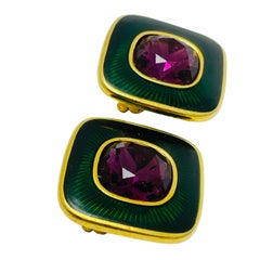 Vintage SAL SWAROVSKI gold plated enamel crystal designer clip on earrings