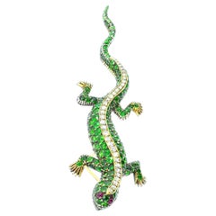 Vintage Salamander long Brooch with fine Bright Tsavorites, Diamonds & Rubies
