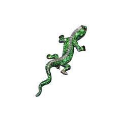 Vintage Salamander long Brooch with fine Bright Tsavorites, Diamonds & Rubies