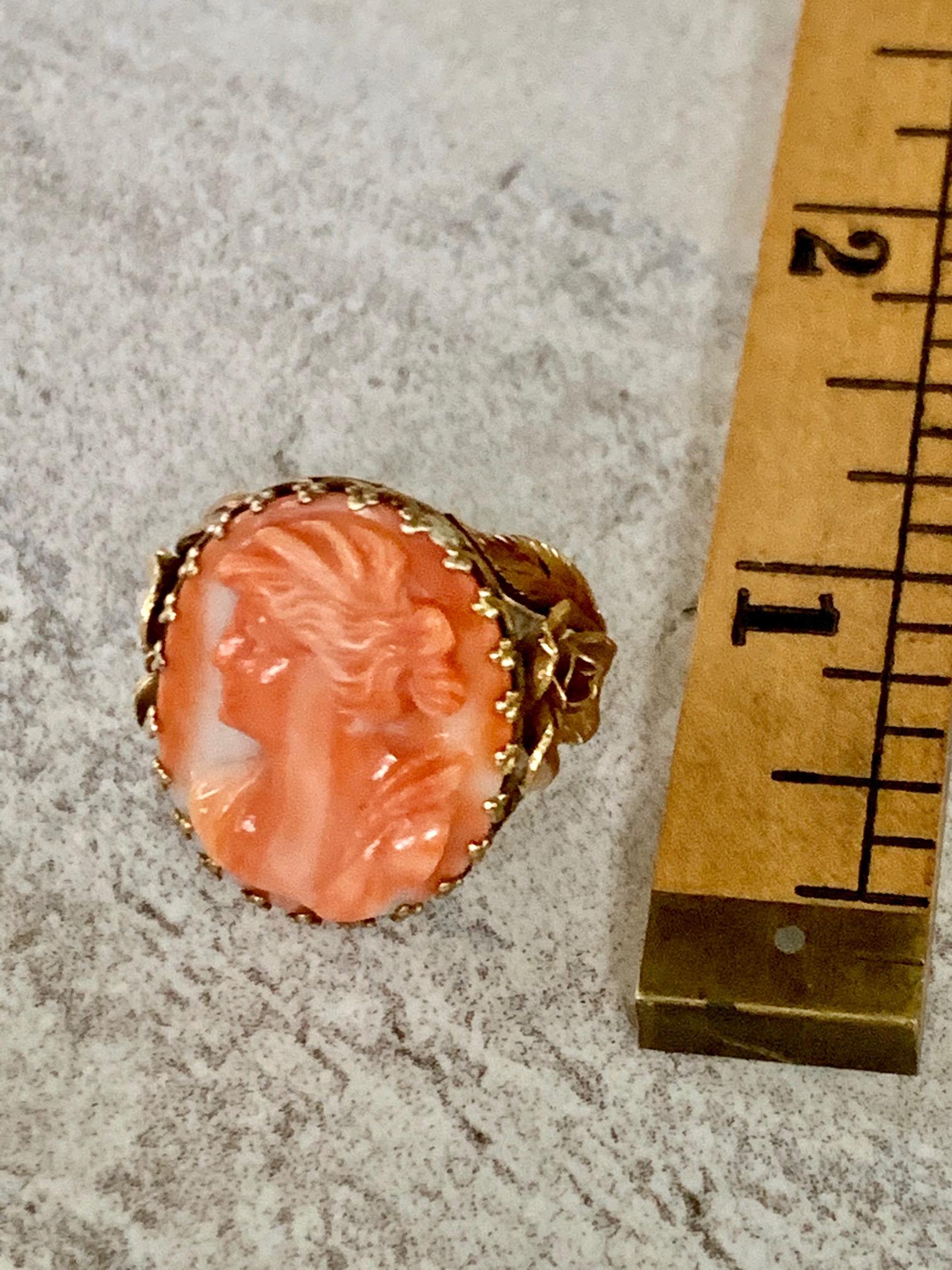 Vintage Salmon Coral and 14 Karat Yellow Gold Cameo Ring - Size 5 3/4 5