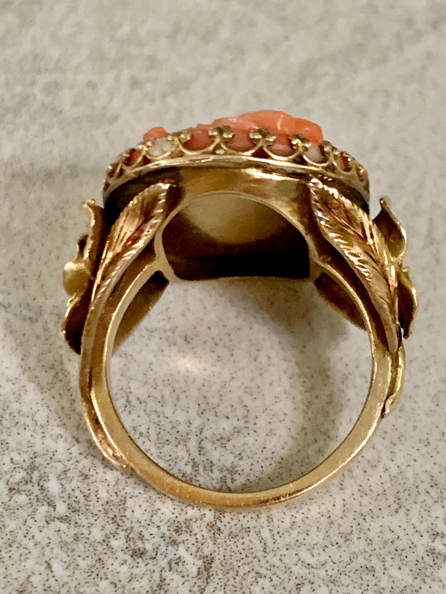 Vintage Salmon Coral and 14 Karat Yellow Gold Cameo Ring - Size 5 3/4 2