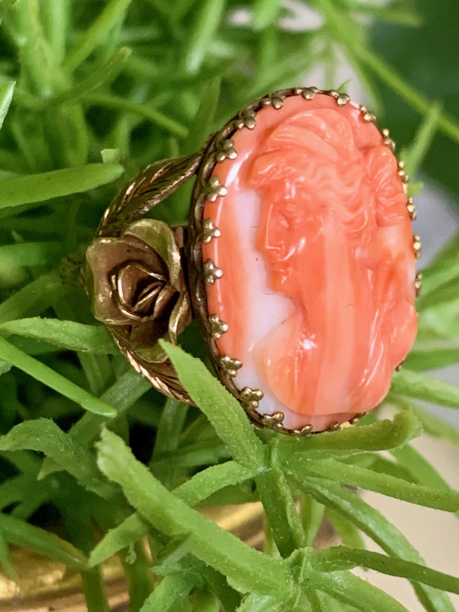 Vintage Salmon Coral and 14 Karat Yellow Gold Cameo Ring - Size 5 3/4 3