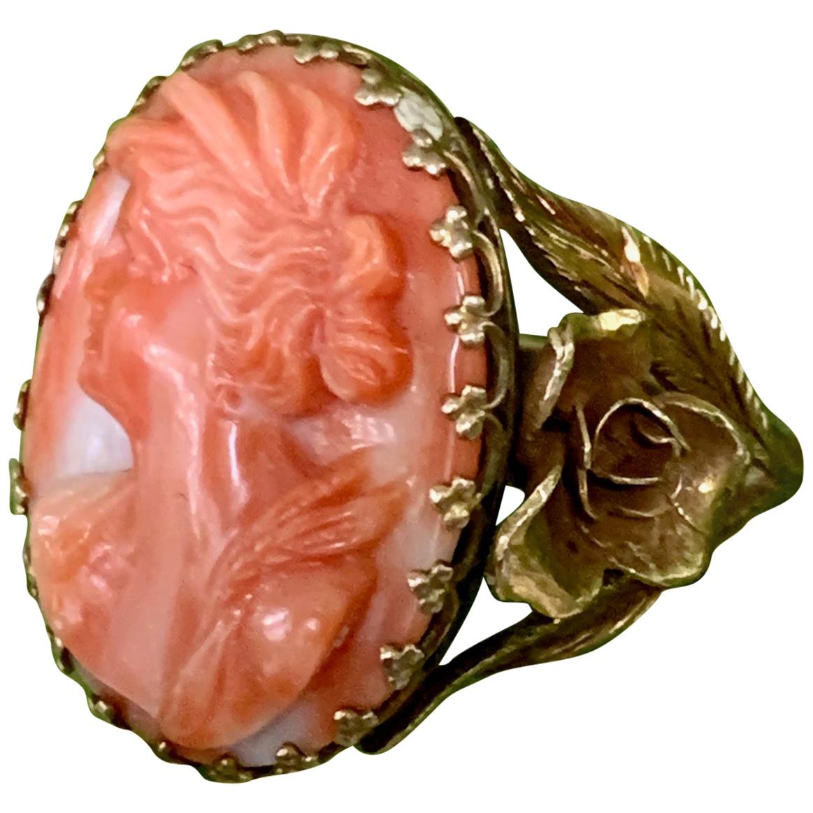 Vintage Salmon Coral and 14 Karat Yellow Gold Cameo Ring - Size 5 3/4