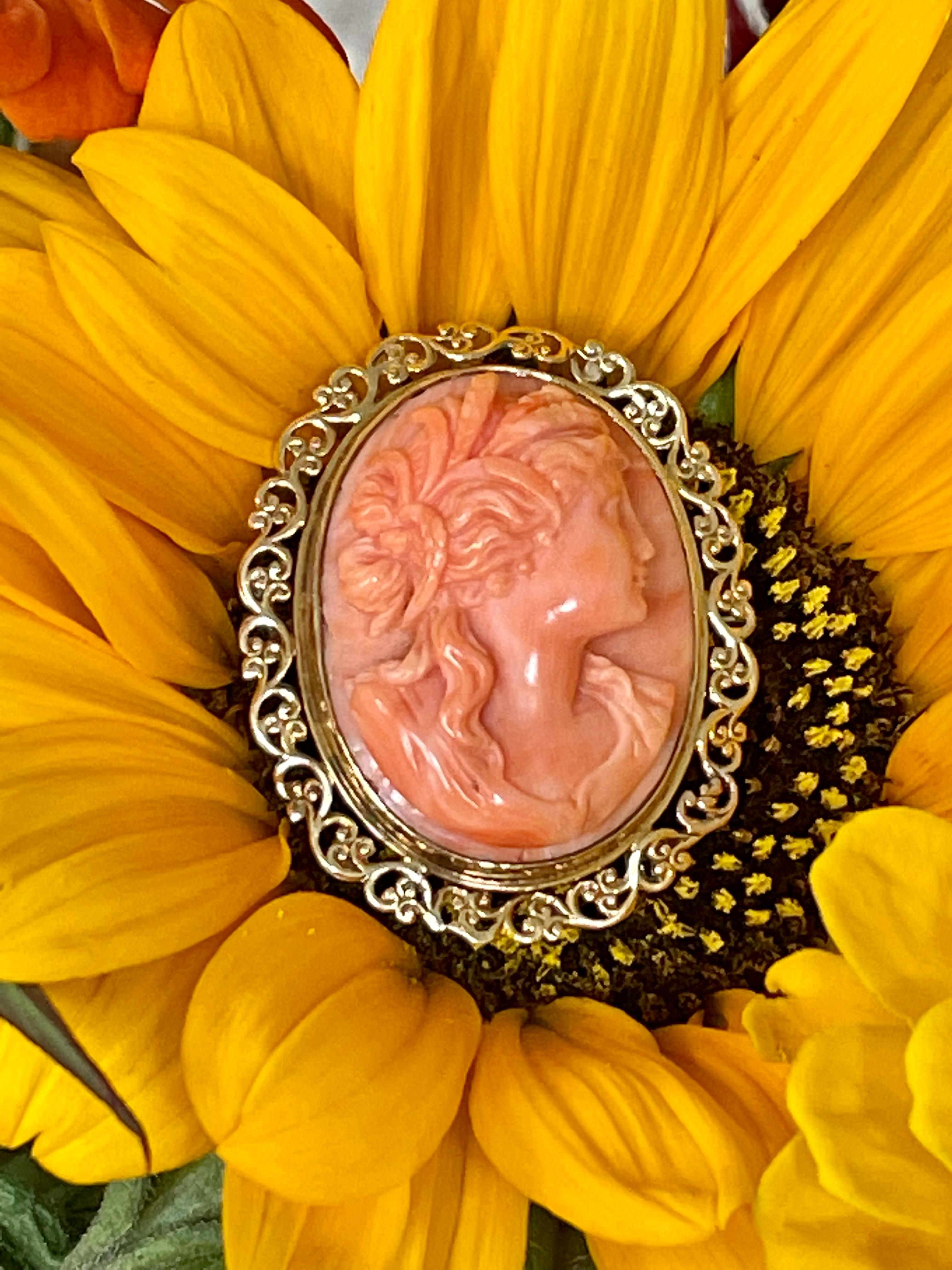 This lovely cameo brooch is a carving of a woman in Salmon Coral.  It is set in 14 karat yellow Gold.  

Weight:  15.1 grams
Measurement:  41 x 34mm

