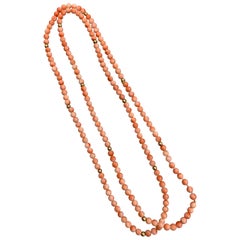 Vintage Salmon Coral Bead Necklace with 14 Karat Yellow Gold Beads