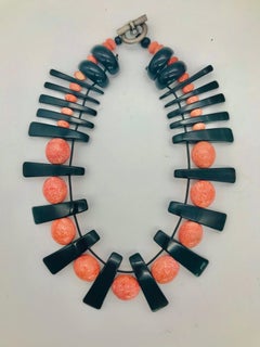 Vintage Salmon Coral, Black Lucite beads, up-cycled Necklace, by Sylvia Gottwald