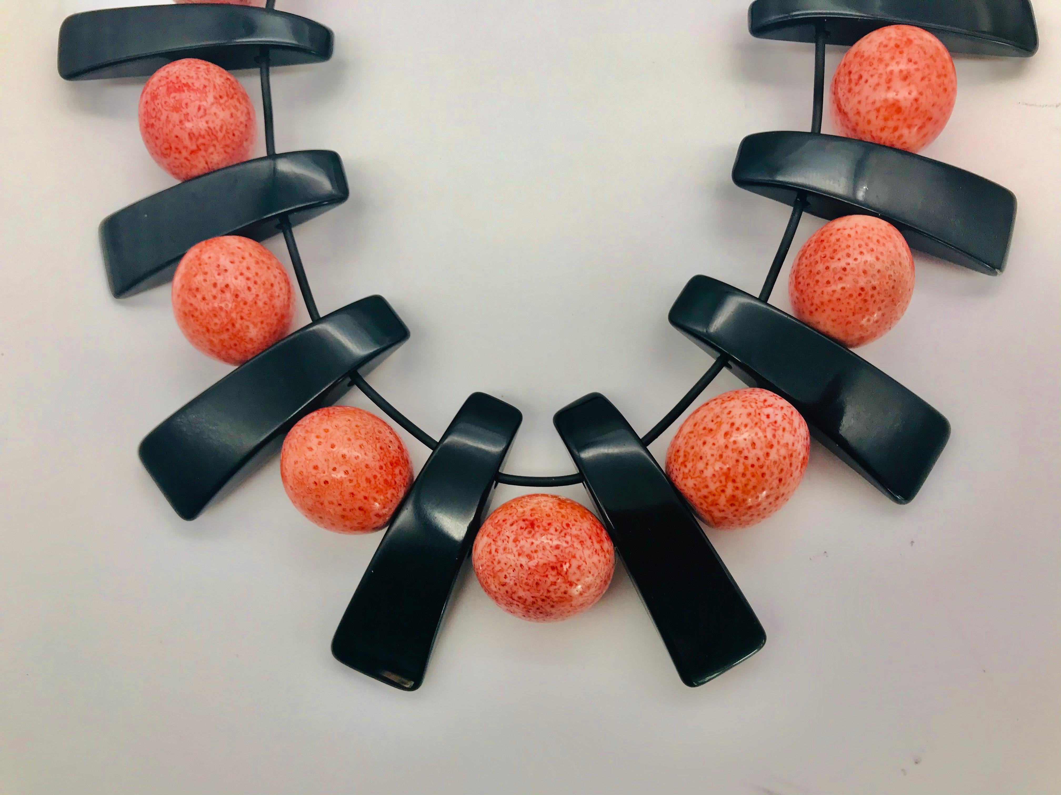 Contemporary Vintage Salmon Coral, Black Lucite beads, up-cycled Necklace, by Sylvia Gottwald For Sale