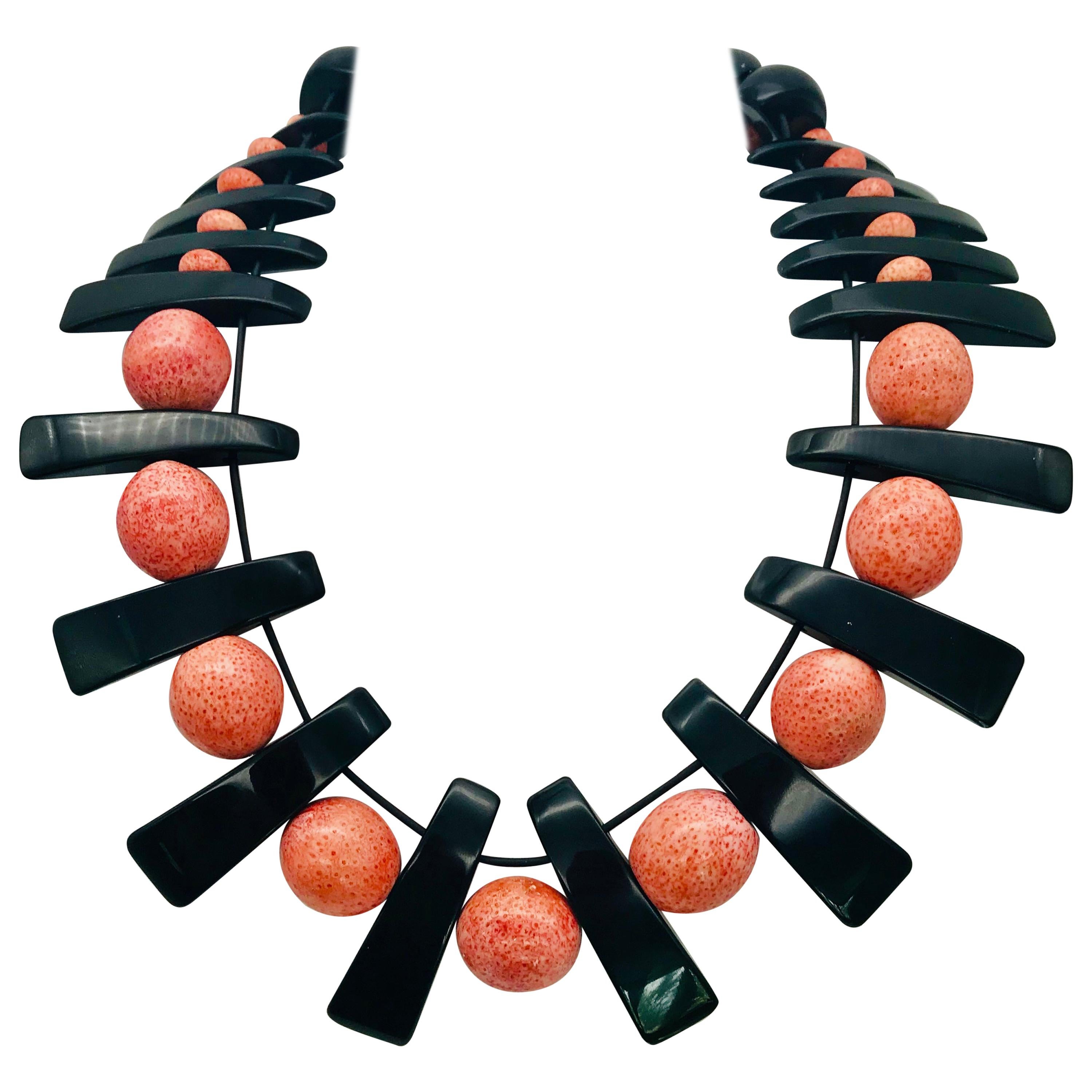 Vintage Salmon Coral, Black Lucite beads, up-cycled Necklace, by Sylvia Gottwald For Sale