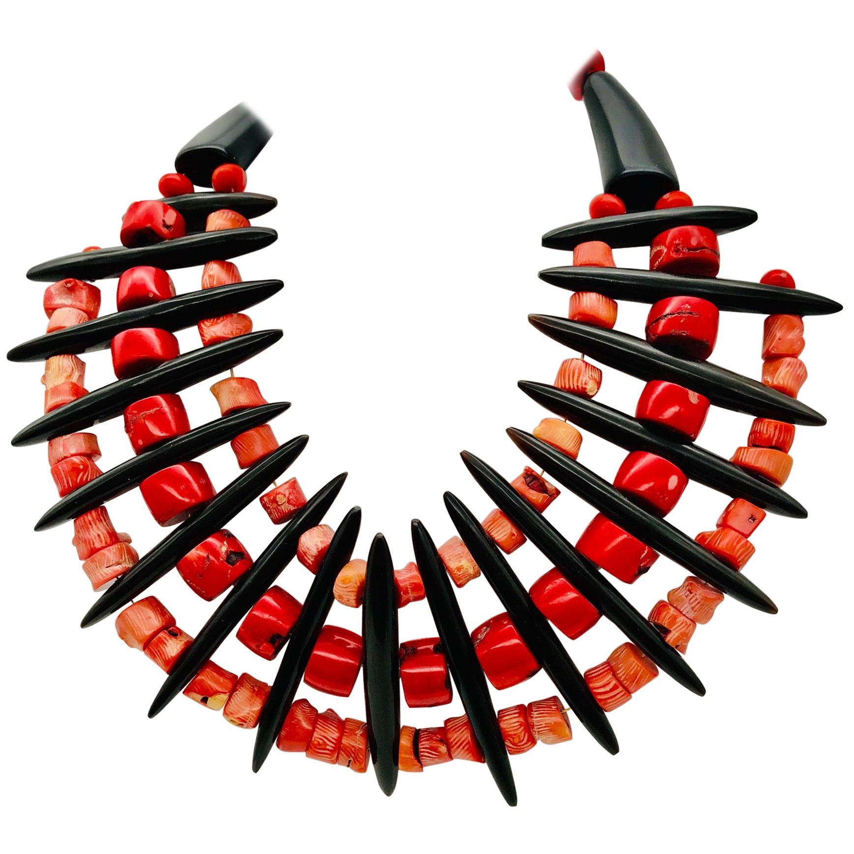 Vintage Salmon/ Red Coral and Resin in Statement Necklace, by Sylvia Gottwald For Sale