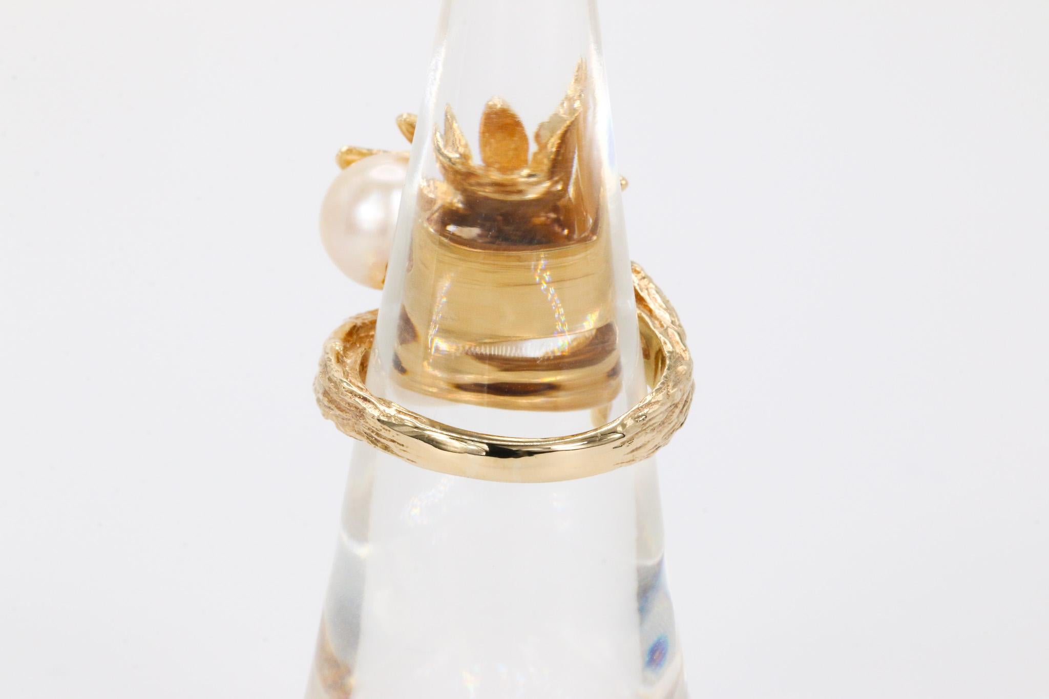 Round Cut Vintage Salt Water Pearl and Round Brilliant Diamond in 14k Yellow Gold Ring For Sale