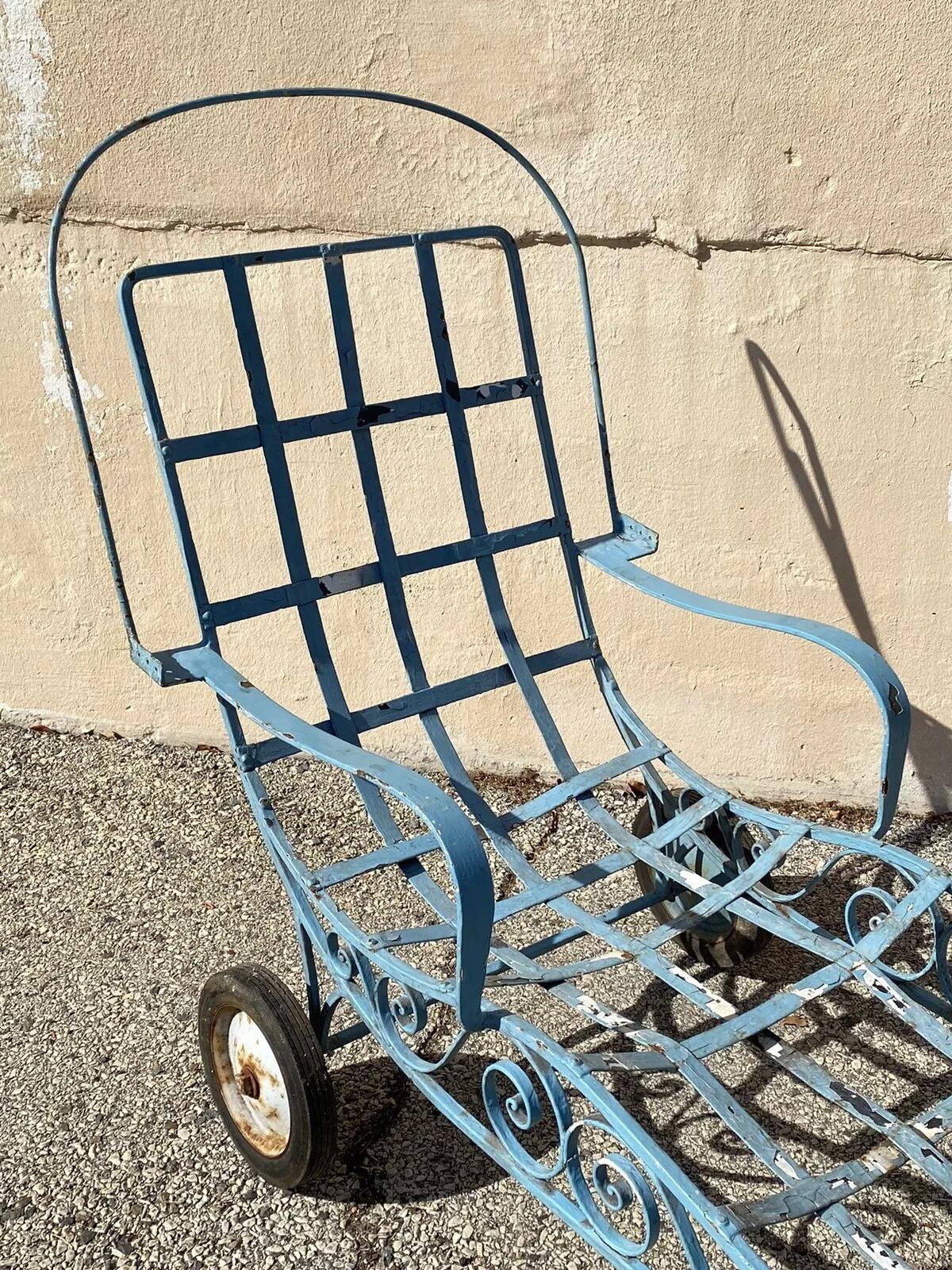 Vintage Salterini Art Nouveau Scrolling Wrought Iron Garden Patio Blue Chaise Lounge Chair. Item features a unique 