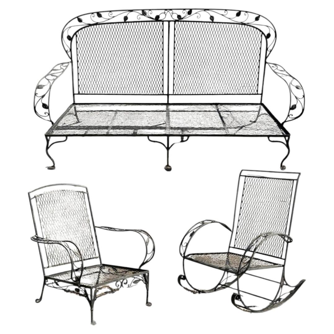 Vintage Salterini Art Nouveau Wrought Iron Garden Patio Sofa Chair Set - 3 Pcs