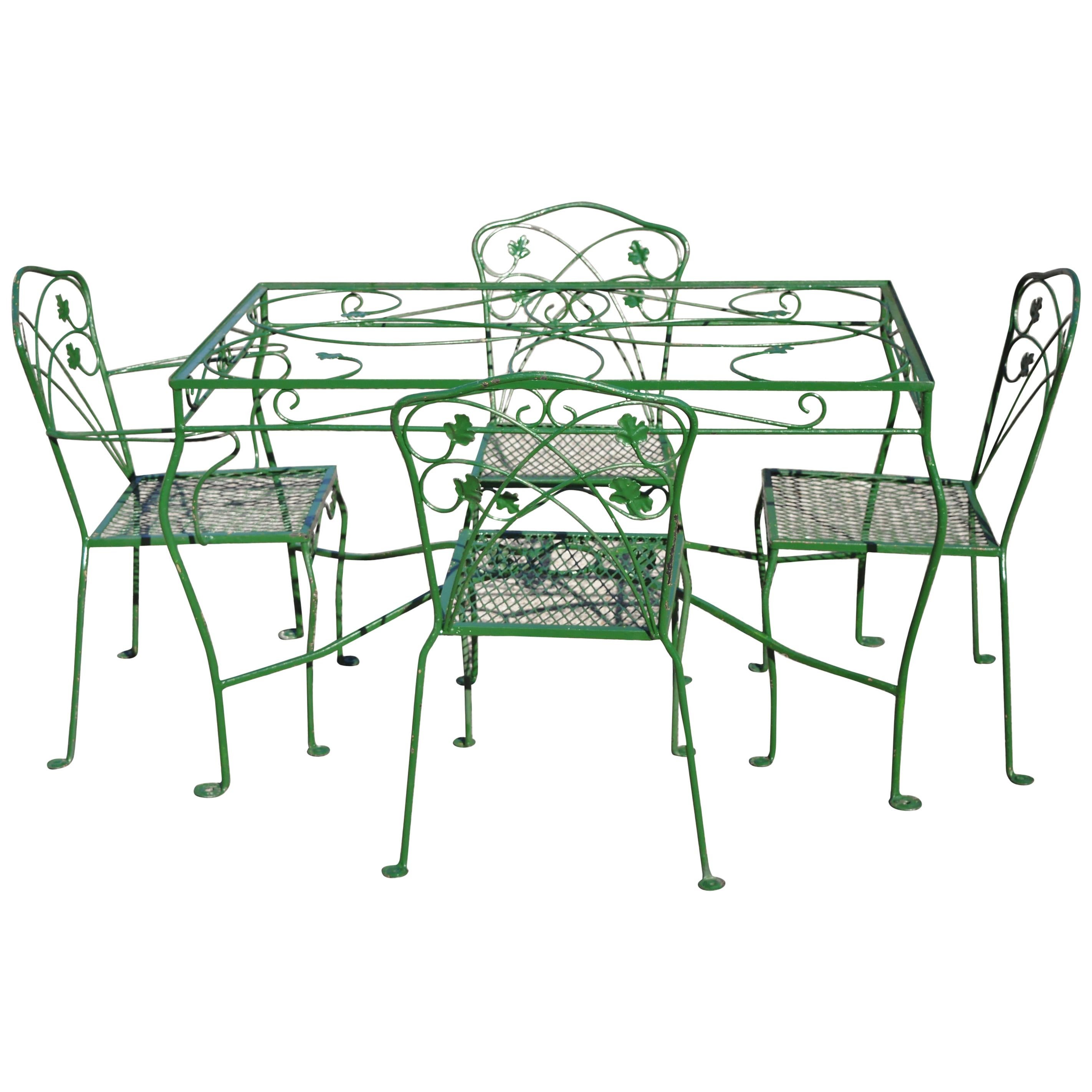 Vintage Salterini Green Wrought Iron Leaf Scrollwork Patio Dining Set, 5 Pieces