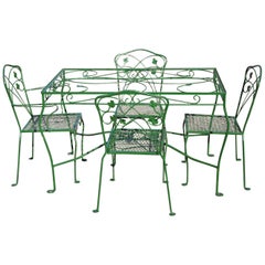 Vintage Salterini Green Wrought Iron Leaf Scrollwork Patio Dining Set:: 5 Pieces