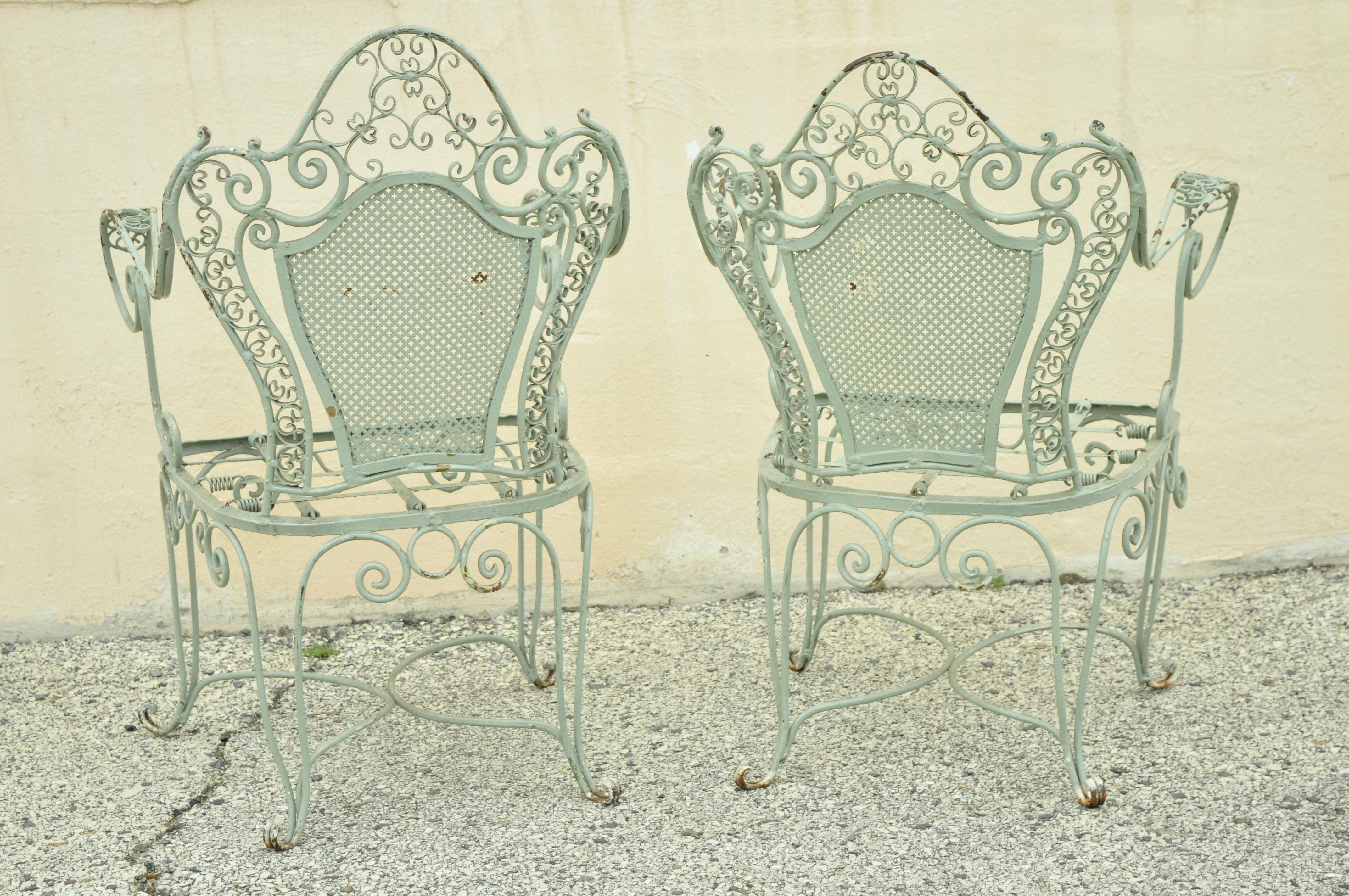 Vintage Salterini Green Wrought Iron Scrollwork Garden Patio Arm Chairs, a Pair 4