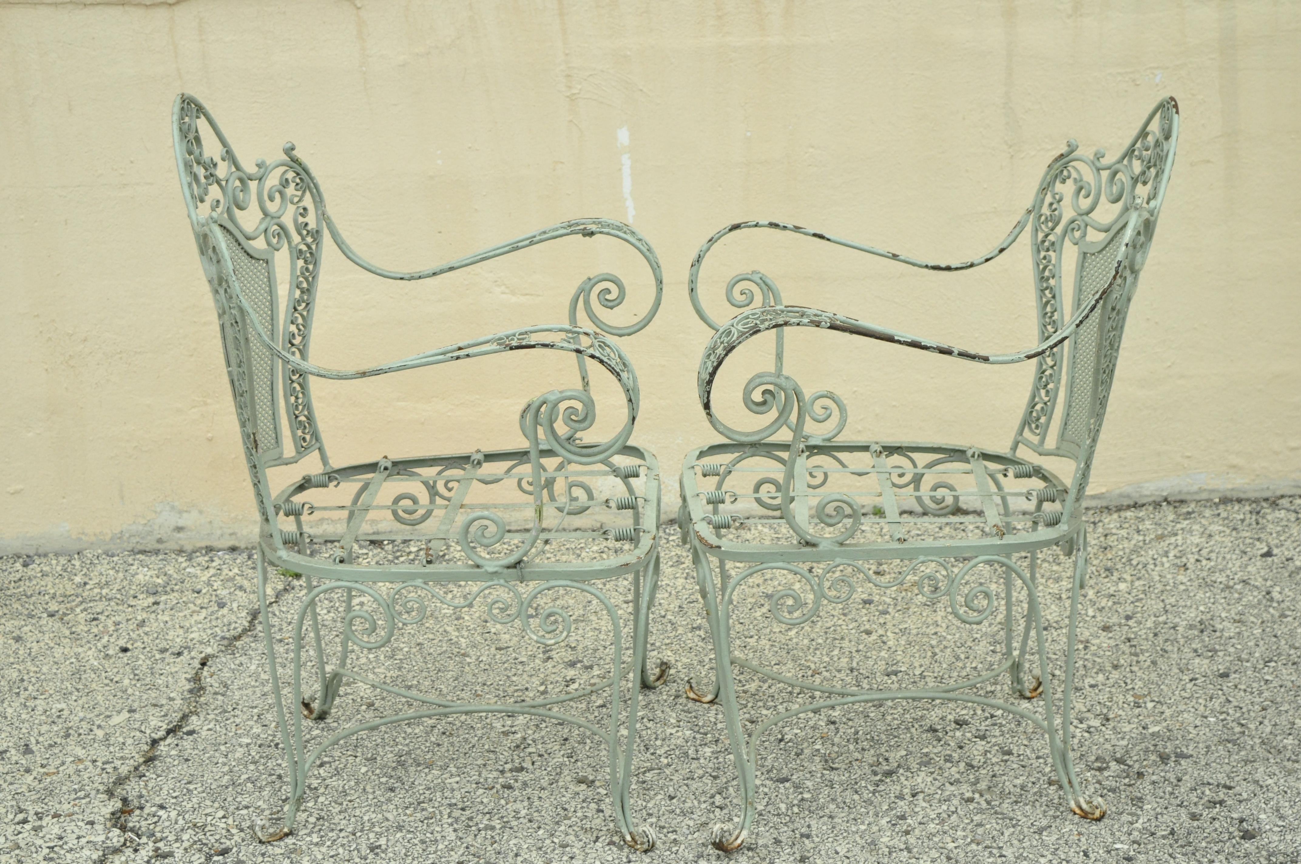 Vintage Salterini Green Wrought Iron Scrollwork Garden Patio Arm Chairs, a Pair 6