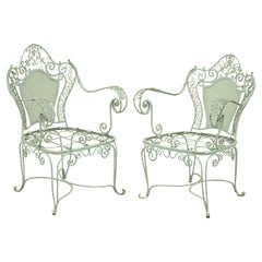 Vintage Salterini Green Wrought Iron Scrollwork Garden Patio Arm Chairs, a Pair
