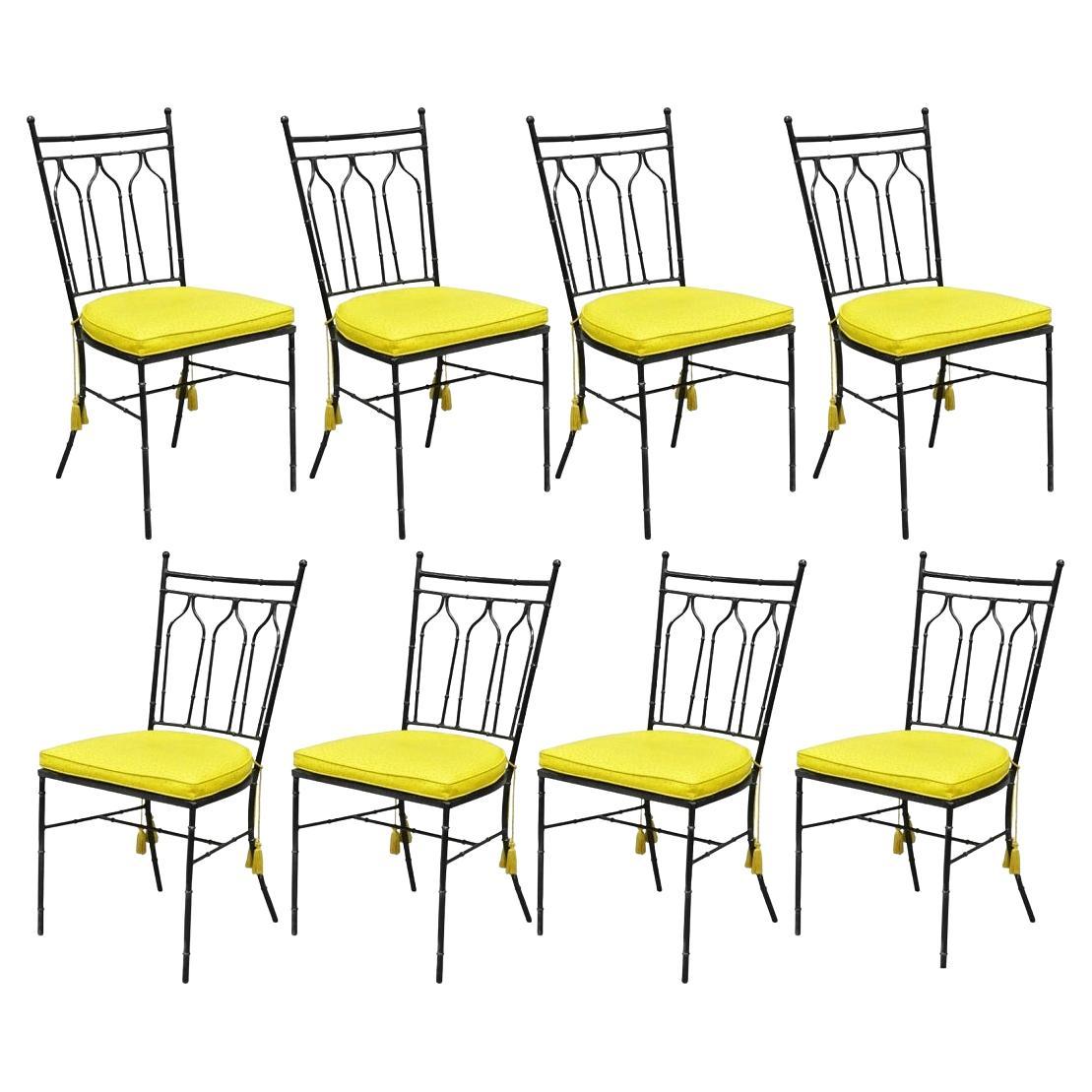 Vintage Salterini Hollywood Regency Wrought Iron Faux Bamboo Dining Chair, Set 8