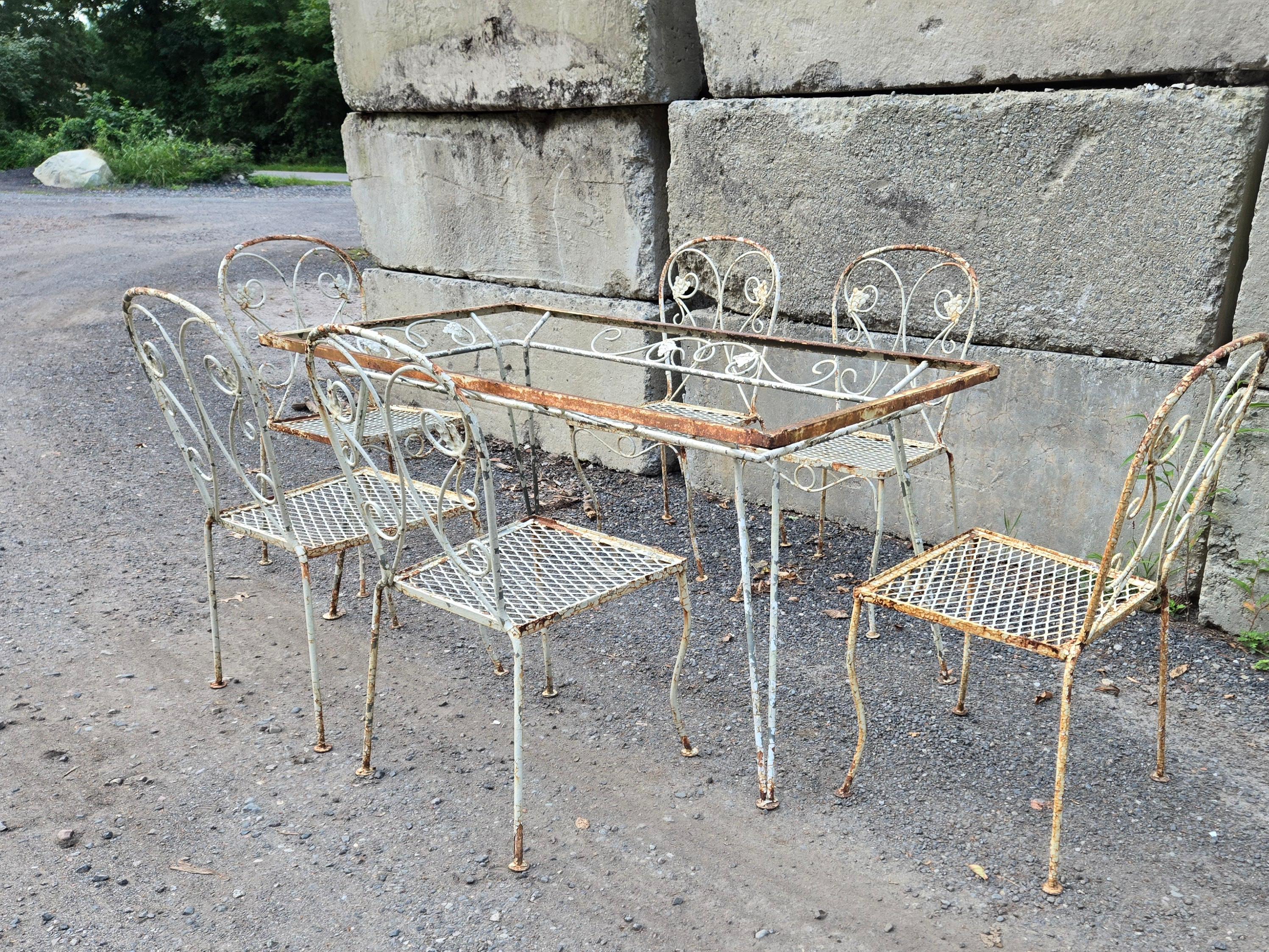 20th Century Vintage Salterini Wrought Iron Patio Dining Set 7 Piece For Sale