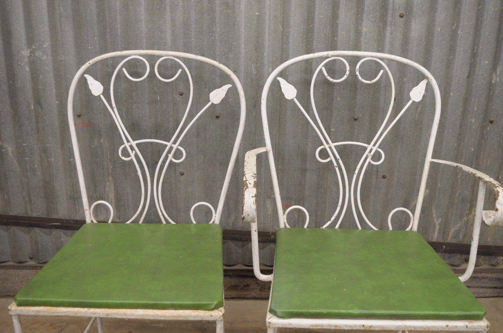 Vintage Salterini Wrought Iron Patio Dining Set Table 4 Chairs Art Nouveau White 5