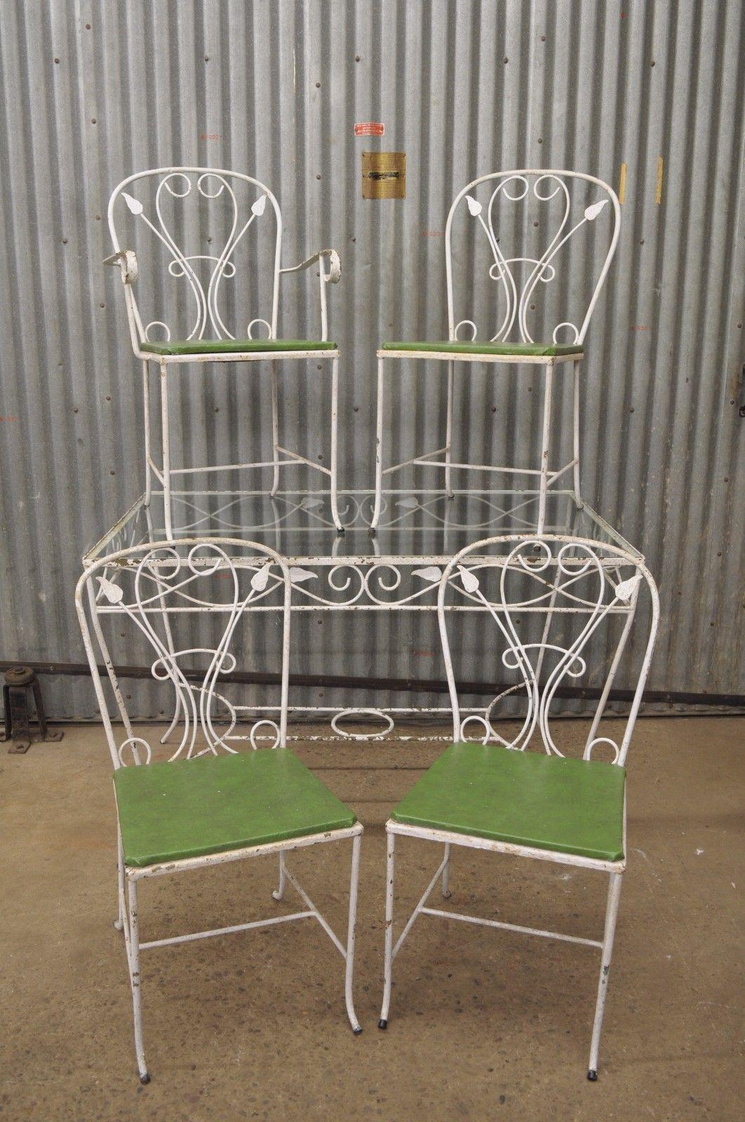 American Vintage Salterini Wrought Iron Patio Dining Set Table 4 Chairs Art Nouveau White