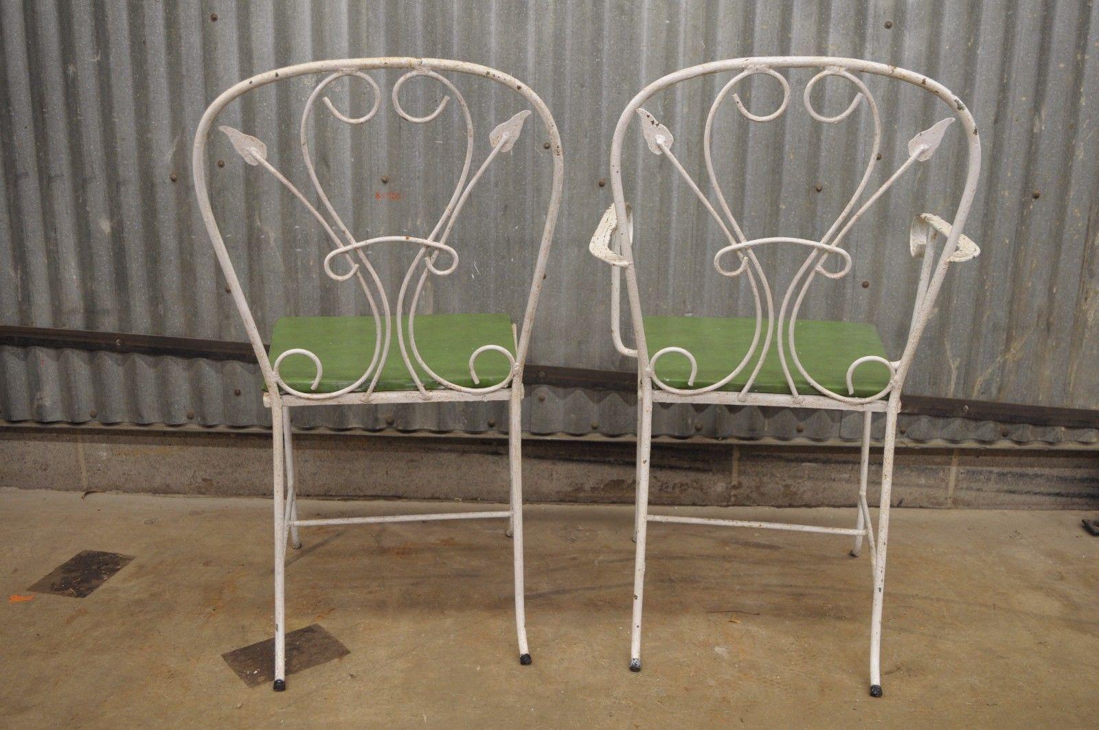 Vintage Salterini Wrought Iron Patio Dining Set Table 4 Chairs Art Nouveau White 2