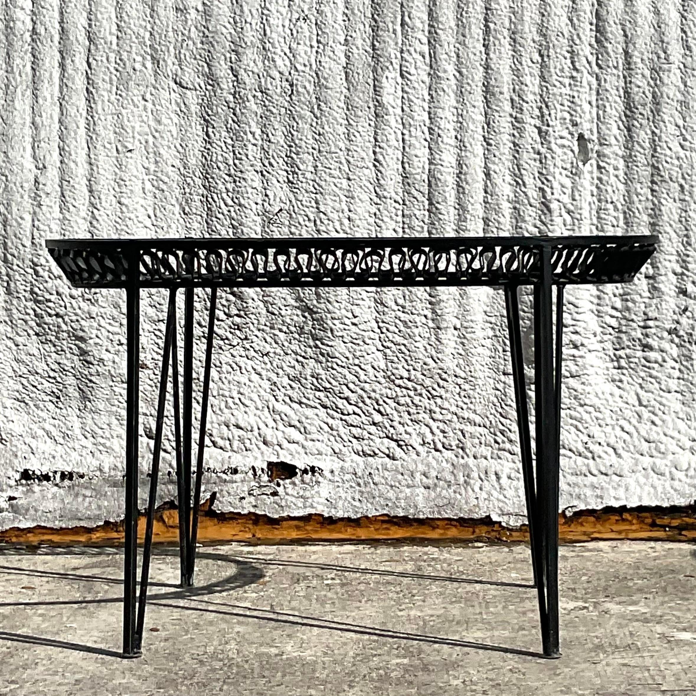 Vintage Salterini Wrought Iron Ribbon Oval Dining Table Base In Good Condition For Sale In west palm beach, FL