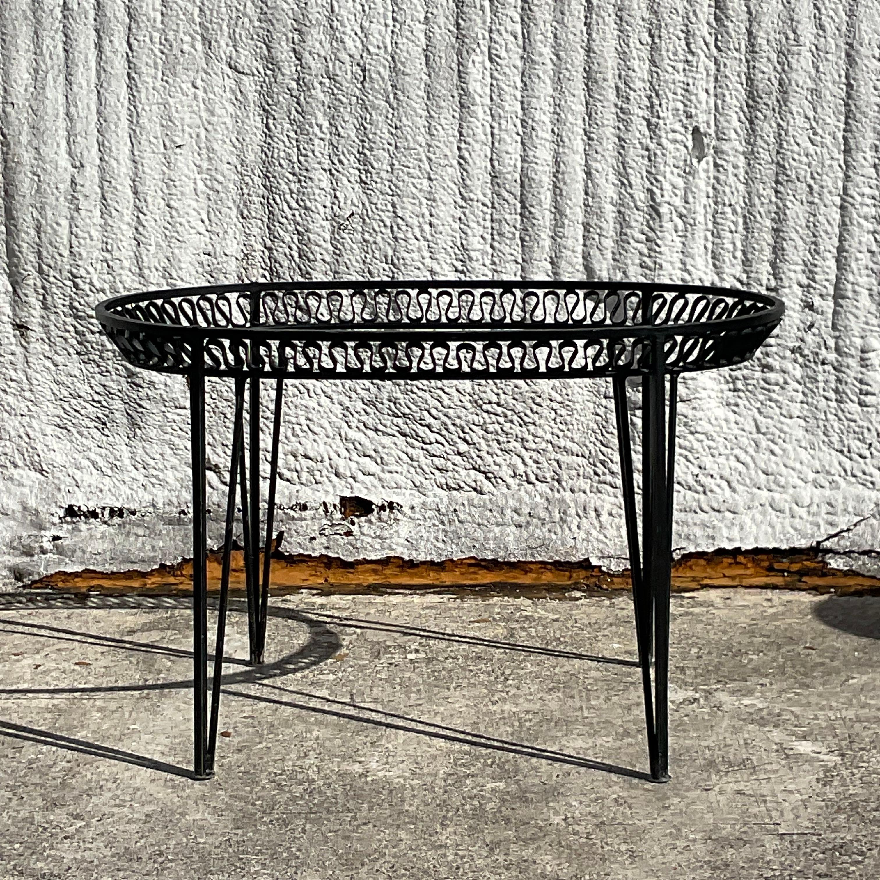 20th Century Vintage Salterini Wrought Iron Ribbon Oval Dining Table Base For Sale
