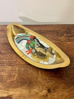 Vintage Salvador Teran Brass and Mosaic Glass Moctezuma Tray