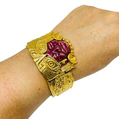 Vintage SALVADOR TERAN MARBEL Aztec Mexico 22k gold plated Mayan mask bracelet