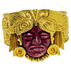 Vintage SALVADOR TERAN MARBEL Aztec Mexico 22k gold plated Mayan mask bracelet