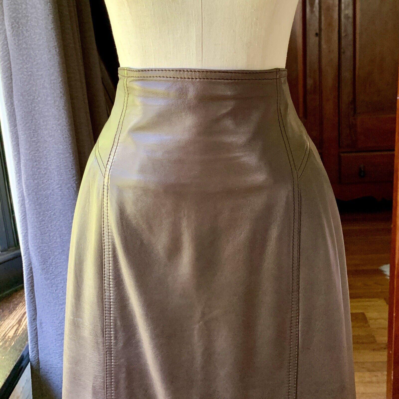 Salvatore Ferragamo, 70s/80s Leather Skirt, Zipper Back with Two Buttons, Back Slit 7.5