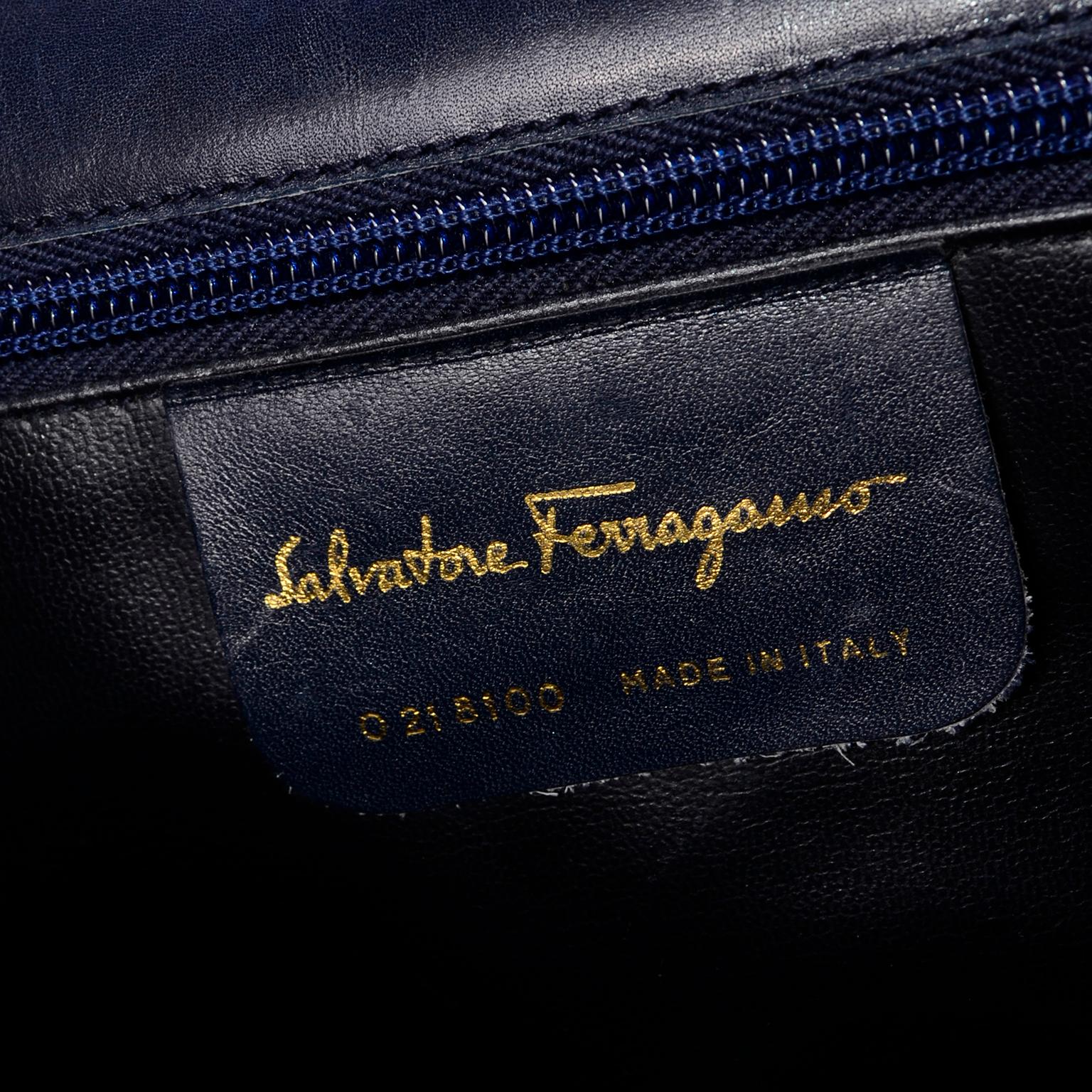 Vintage Salvatore Ferragamo Bag Navy Blue Leather Handbag W Shoulder strap 2