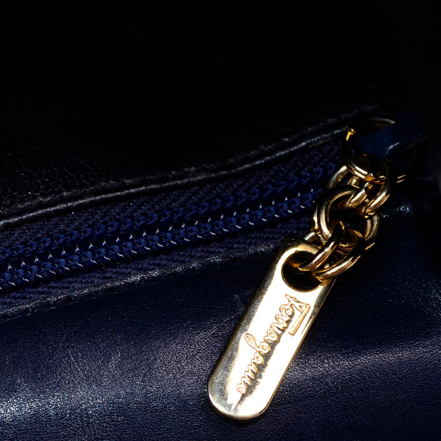Vintage Salvatore Ferragamo Bag Navy Blue Leather Handbag W Shoulder strap In Good Condition In Portland, OR