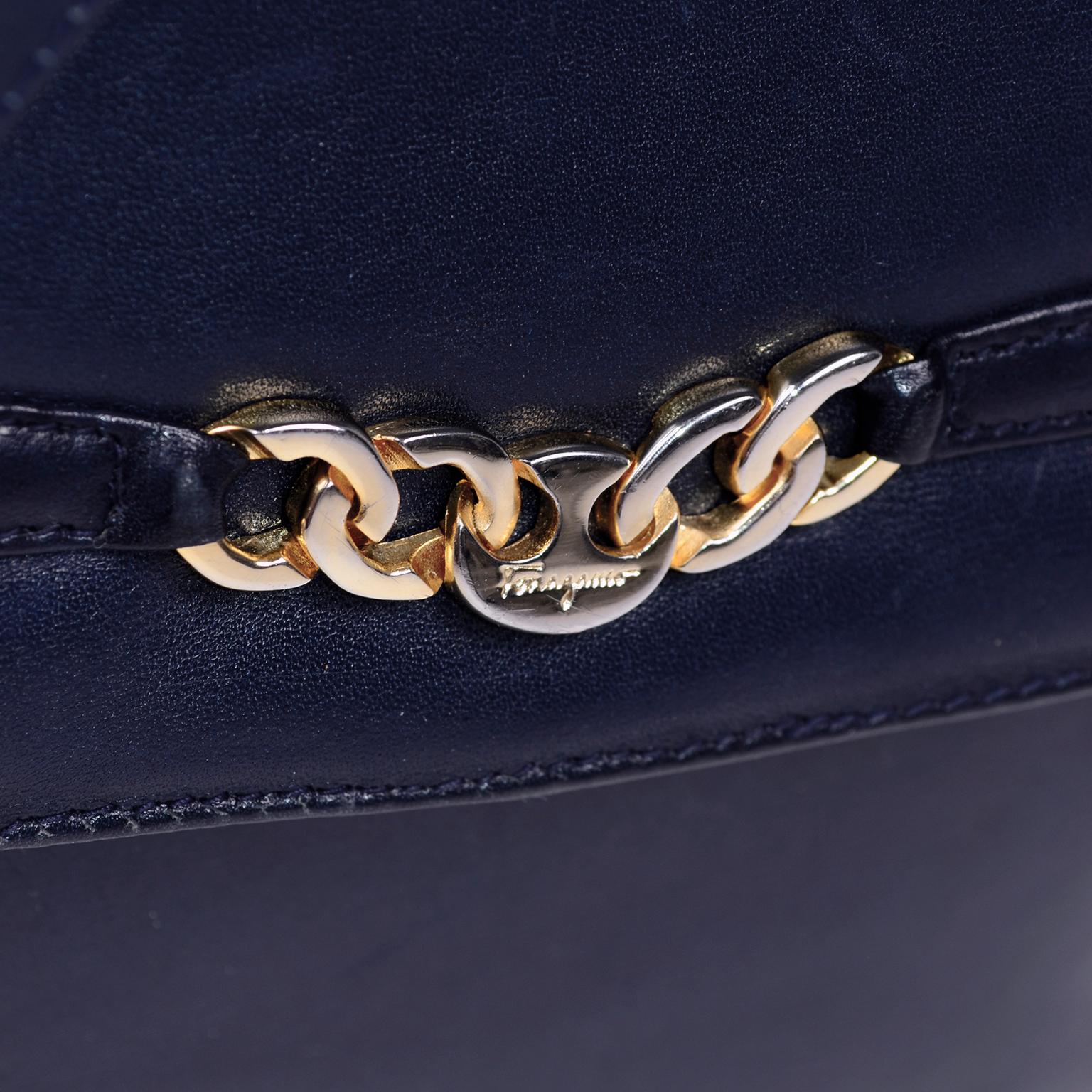 Vintage Salvatore Ferragamo Bag Navy Blue Leather Handbag W Shoulder strap 1