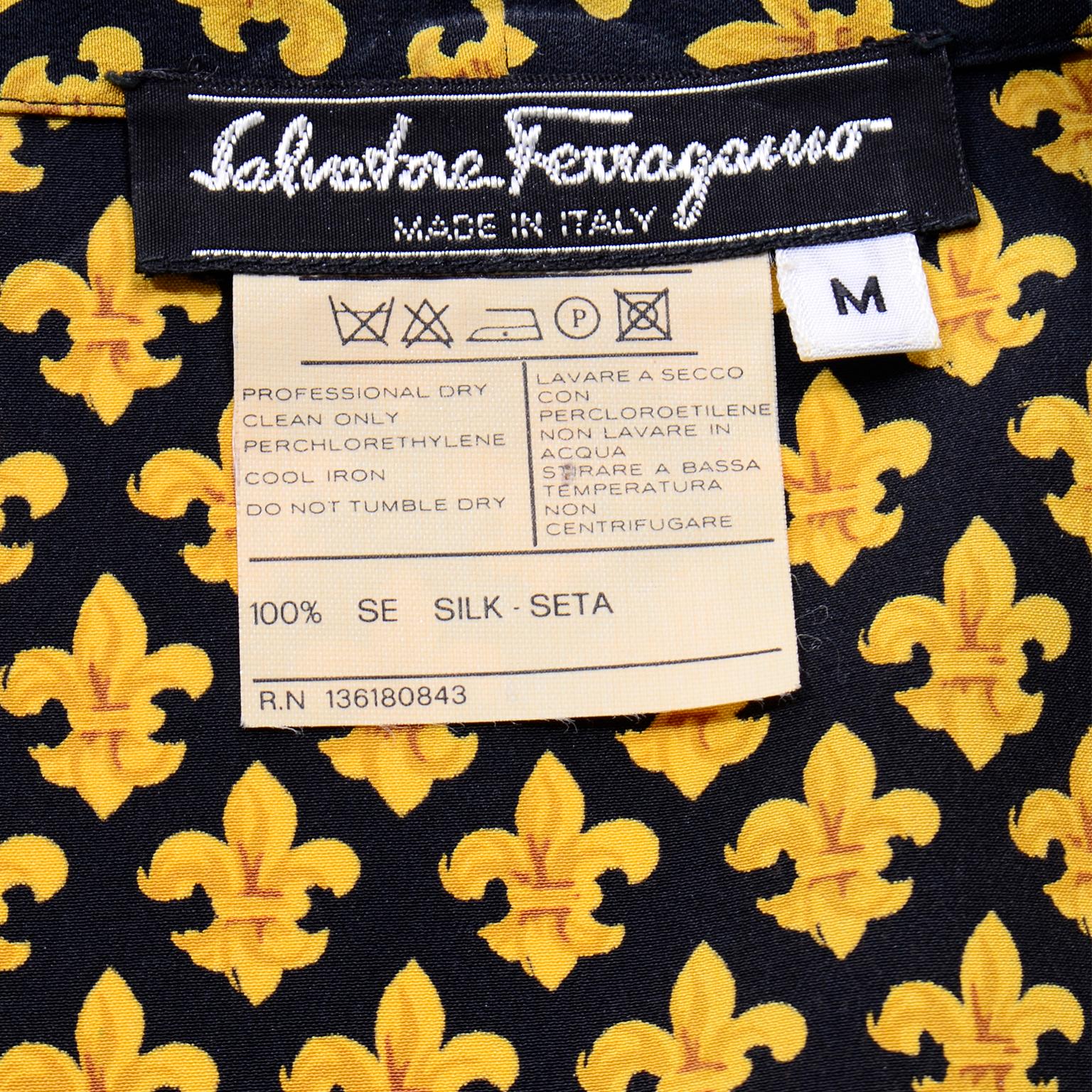 Women's Vintage Salvatore Ferragamo Black and Gold Fleur de Lis Print Silk Blouse For Sale