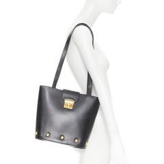 vintage SALVATORE FERRAGAMO black gold round stud clasp lock shoulder bag