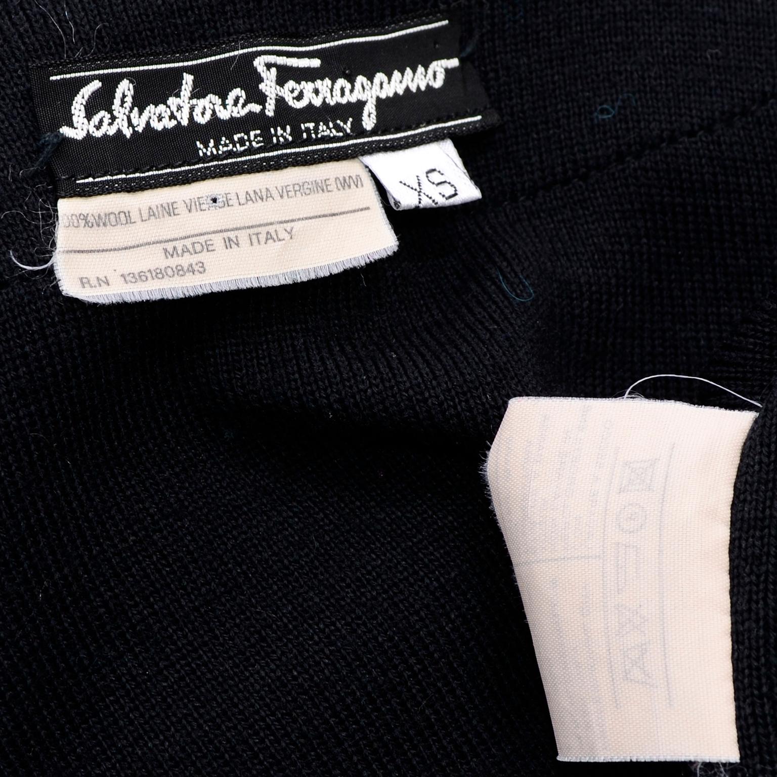 Vintage Salvatore Ferragamo Black Marino Wool Cardigan Sweater Two Tone Buttons For Sale 3