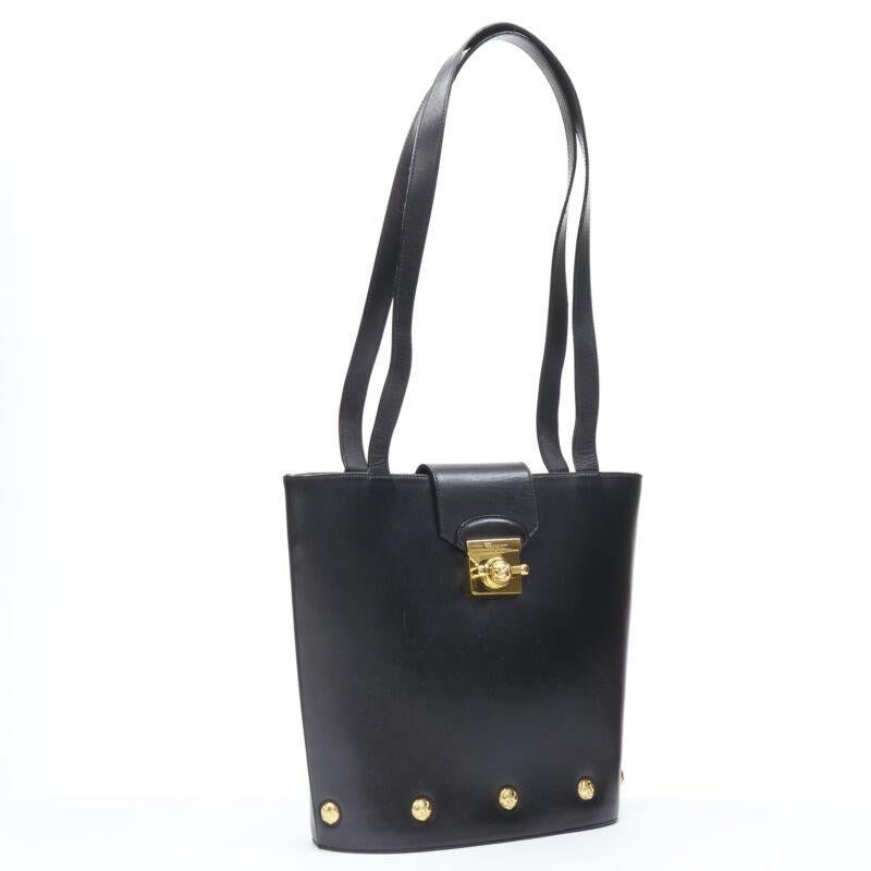 Black vintage SALVATORE FERRAGAMO black smooth leather gold clasp lock shoulder bag